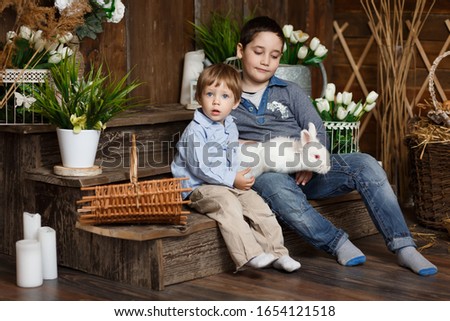 Two beautiful boys play with a white rabbit in a Studio with rustic decor. Funny and cute brothers