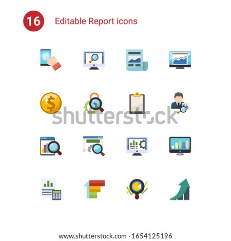 16 report flat icons set isolated on . Icons set with testing, analytics app, News Feed, Net Income, Search optimization, Clipboard, Web analytics, website optimization icons.