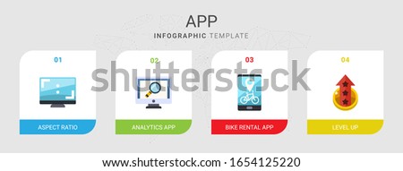 4 app flat icons set isolated on infographic template. Icons set with Aspect Ratio, analytics app, Bike rental app, level up icons.