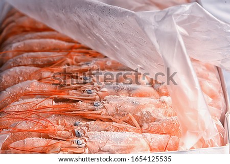 frozen king prawns, macro background seafood, fresh red prawns