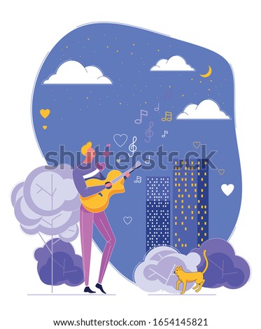 Modern Young Man Guitarist Standing Outdoors in Park Playing Guitar and Singing Romantic Song or Serenade for Beloved at Night under Moon and Star. Vector Illustration for any Design purpose.