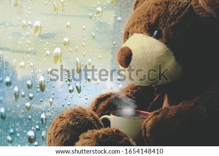 A brown toy bear sits on a window with a cup of tea and looks at raindrops on the glass.