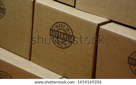 Made in Australia stamp printed on cardboard box. Factory, manufacturing and production country concept.
