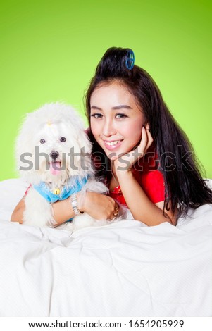 Beautiful Asian woman smiling at camera while hugging her cute white Bolognese dog, isolated in green background