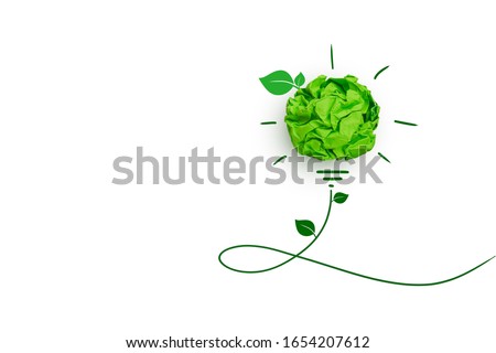 Creative idea, Inspiration, New idea and Innovation with Corporate Social Responsibility (CSR) concept, Green crumpled paper light bulb on white background. Royalty-Free Stock Photo #1654207612