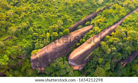 Three whale stones. Bird eye view shot of three whales rock in Phu Sing Country park in Bungkarn. Aerial shot of three rock whales in Phu Sing Country park in Bueng Kan, Thailand. Royalty-Free Stock Photo #1654212298