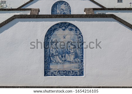 Hermitage (Ermitage de Nossa Senhora da Paz). White facade of the stairs with traditonal ceramics with blue painting (azulejos). Vila Franca do Campo, Sao Miguel, Azores Islands, Portugal.
