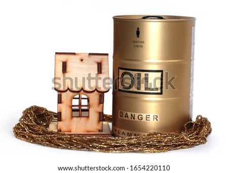 a wooden house and a barrel of oil surrounded by jewels as a symbol of wealth