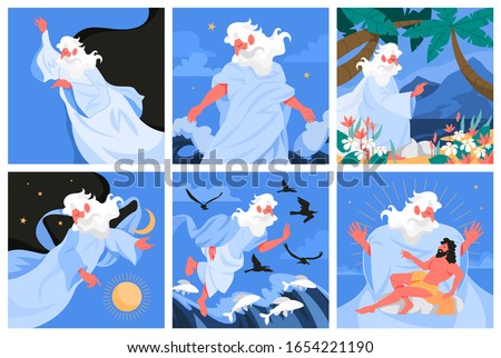 Bible narratives about Six days of Creation. Christian bible character. Scripture history. Genesis creation narrative, god created everything. Vector illustration Royalty-Free Stock Photo #1654221190