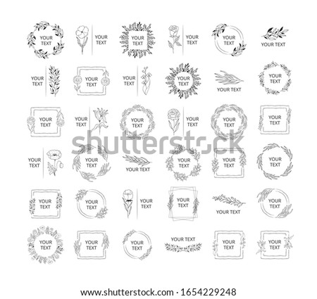 Big collection of hand drawn wedding branding logos and monograms with floral branches, flowers and herbs. Wreaths, frames and borders for elegant design. Vector isolated simple templates.