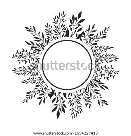 Floral round frame with branches and herbs. Elegant rustic invitation wreath for wedding card. Vector isolated spring beautiful flourish border. 