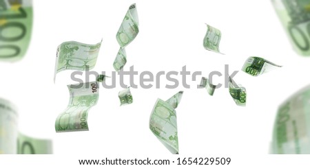 Euro banknote isolated falling background. European money bill. Business cash
