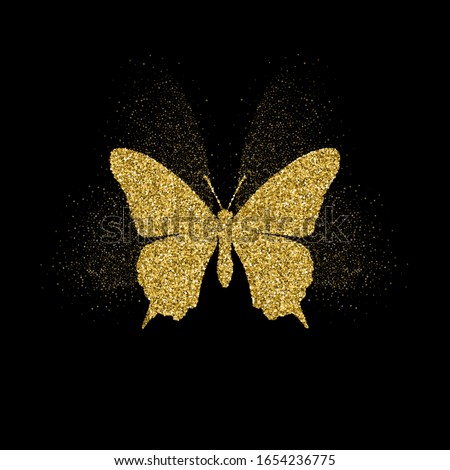 Butterfly golden glitter icon with glitter glow. Beautiful summer golden silhouette on black. For wedding, fashion, ornaments, tattoo, luxury decorative design elements illustration.