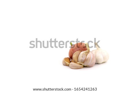 Shallot and garlic on a white background