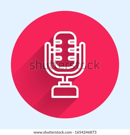 White line Microphone icon isolated with long shadow. On air radio mic microphone. Speaker sign. Red circle button. Vector Illustration
