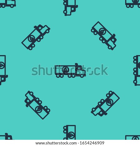 Black line Tanker truck icon isolated seamless pattern on green background. Petroleum tanker, petrol truck, cistern, oil trailer.  Vector Illustration