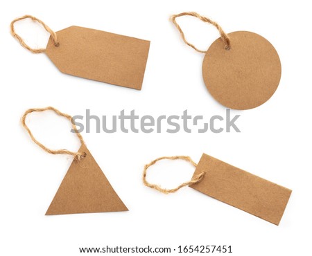 Various Price, discount or information tags on recycled paper with a hanging string. isolated on white.