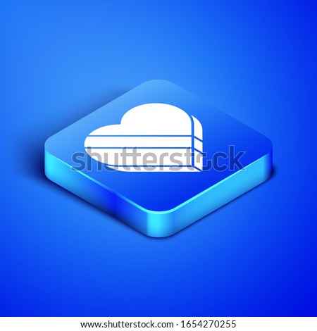 Isometric Candy in heart shaped box icon isolated on blue background. Valentines Day. Blue square button. Vector Illustration