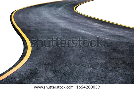Winding asphalt road with yellow symbol. Isolated on background