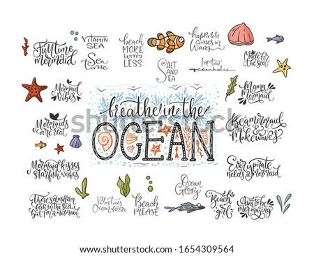 Summer sea lettering big vector set. Ocean quotes and clip art collection. Perfect for t shirt, card print design. Graphic nautical marine theme illustration. Breathe in the ocean
