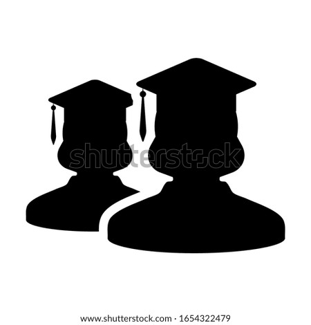 Study icon female group of students person profile avatar with mortar board hat symbol for school, college and university graduation degree in flat color glyph pictogram illustration