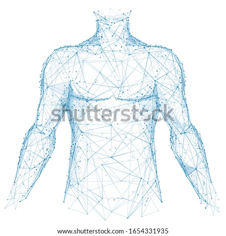 Polygonal abstract isolated body of human on white background. Medicine and health concept. Blue closeup top of body of young man. Low poly wireframe digital technology innovation vector illustration. Royalty-Free Stock Photo #1654331935