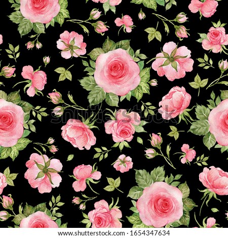 Seamless pattern of delicate roses drawn by paints on paper. Stylish print for textile design and decoration.