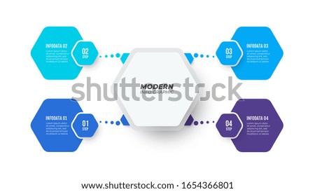 Vector Info chart design template with hexagon and 4 number options. Business infographic concept. Can be used for workflow layout, diagram, graph, web design.
