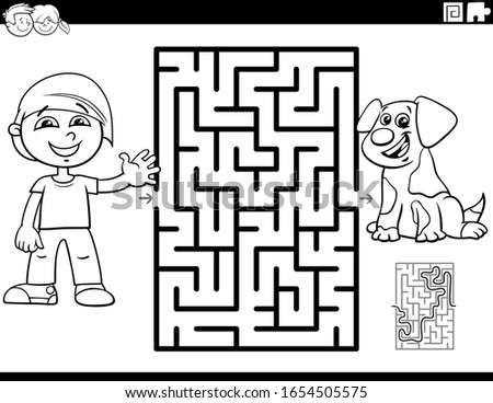 Black and White Cartoon Illustration of Educational Maze Puzzle Game for Children with Boy and Puppy Dog Character Coloring Book Page