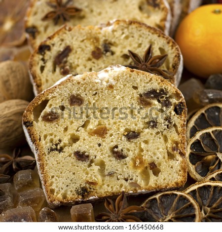 Holidays cake with raisins and nuts. Selective focus