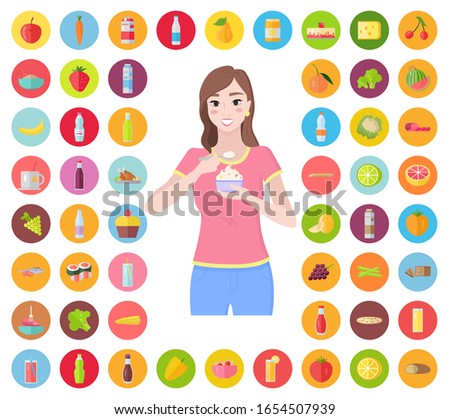 Collection of food icons. Woman eating yogurt and smiling. Healthy cuisine and lifestyle. Vegetables and fruits, junk meal set. Breakfast and dinner, lunch or brunch dishes to consume, vector