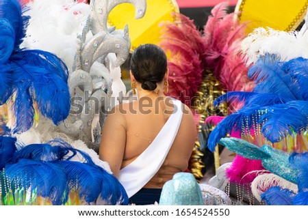 Colorful samba dancers in costumes with sequins, feathers and glitter at a daytime Carnival street party.