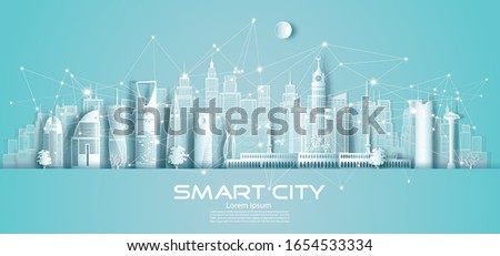 Technology wireless network communication smart city with architecture in Saudi Arabia downtown skyscraper on blue background, Vector illustration futuristic green city and panorama view. Royalty-Free Stock Photo #1654533334