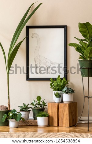 Stylish composition of retro living room interior filled with a lot of plants in different pots and black mock up poster frame on the beige wall. Vintage home garden. Minimalistic concept. Template.