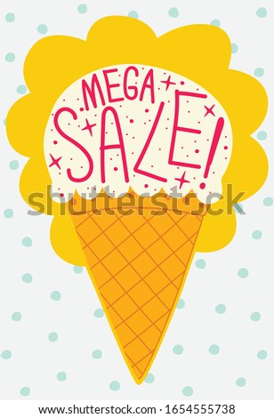 Ice cream illustration and the text "mega sale". Ice cream cone icon.