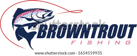 Brown Trout Logo. Unique, Bold & Eyecatching Brown trout jumping out of the water. 