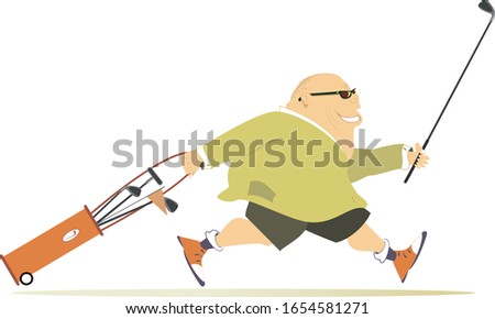 Smiling golfer man runs to play golf illustration. Cartoon smiling fat bald-headed man in sunglasses with golf bag and golf club runs to the golf course isolated on white
