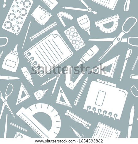 Stationery - Vector background (seamless pattern) of silhouettes pencil, pen, ruler, scissors, eraser, marker, paintbrush, glue for graphic design