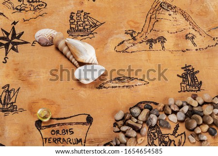 Sea map with illustrations of sailing vessels and compass rose on the order of antiquities on birchbark