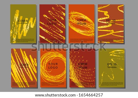 Collection of covers with brush strokes for books, magazines, catalogs. Rose, blue and black. Vertical banners set in modern style. Rough brush strokes. Stamp for Calligraphy. Typographic template