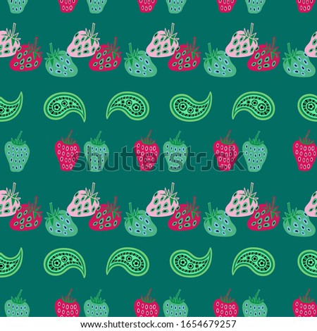 Strawberry & Paisley Garden -Paisley Dreams seamless repeat pattern. Colorful repeat pattern of strawberries and paisley lines in pink,red and green.  Perfect for fabric, scrapbook,wallpaper