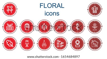 Editable 14 floral icons for web and mobile. Set of floral included icons line Flower, Cactus, Eco, Leaf, Rose, Oak leaf, Hanging pot, Bamboo, Sunflower