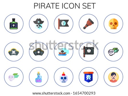 pirate icon set. 15 flat pirate icons.  Simple modern icons such as: poison, pirates, skull, pirate flag, ship in a bottle, wooden leg, jolly roger, fear