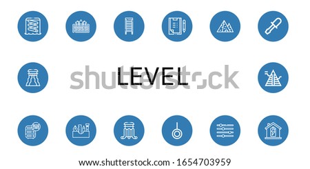 level icon set. Collection of Slider, High score, Ladder, Scoring, Pyramid, Chisel, Adjustment, Painting tools, Neutral, Levels, Battery icons