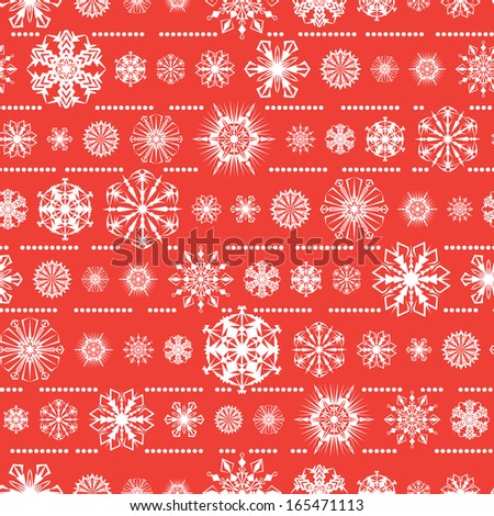 Seamless pattern made of illustrated snowflakes on red background