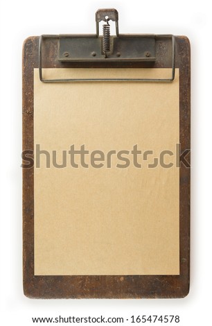 Vintage clipboard and piece of paper Isolated on white. Royalty-Free Stock Photo #165474578