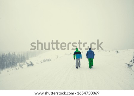 Two friends walking together by snowy field.