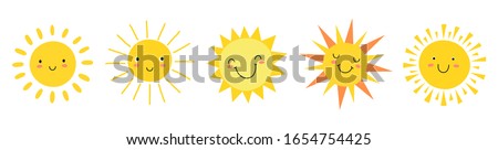Cute suns. Sunshine emoji, cute smiling faces. Summer sunlight emoticons and morning sunny weather. Isolated funny smileys vector icons