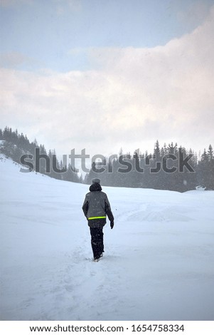 Rear view of a tourist hiking on mountain glade during heavy snowfall in Tatra Mountains, Poland