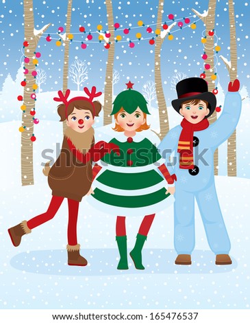 Children in carnival costumes Christmas fun outdoors/ Children in Christmas carnival costumes/Illustration of three friends in a Christmas carnival costumes